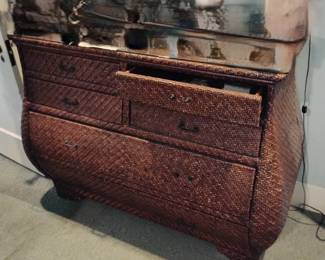 Wicker covered Bombay style chest. As is