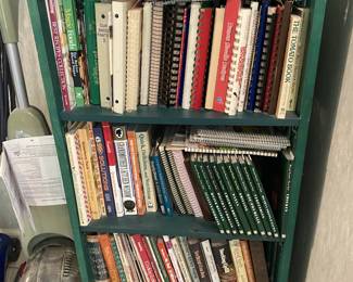 Vintage cookbooks and shelving