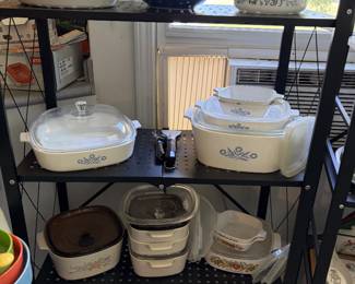 Pyrex Colonial Mist mixing bowls and casserole dishes, Blue Cornflower CorningWare set, CorningWare Spice of Life, CorningWare Symphony casserole dish