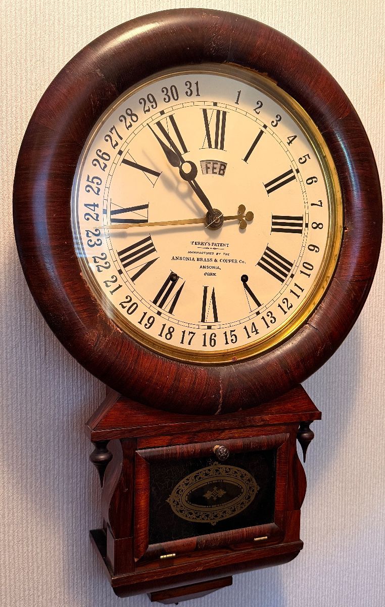 Antique Ansonia Brass & Copper Company Calendar Clock, Runs and Chimes