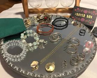 KFF056 Vintage Vanity Glass Tray, Vases, And Costume Jewelry