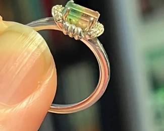 KFF010 14K White Gold Ring With Watermelon Tourmaline Stone & Six Small Diamonds