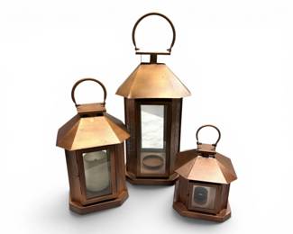 14 Setof3CopperToneMetalLanternswGlassPanels