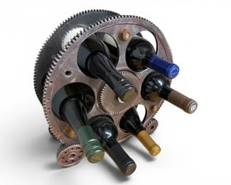 110 IndustrialGearWheelWineRackwComplimentaryWineBottles