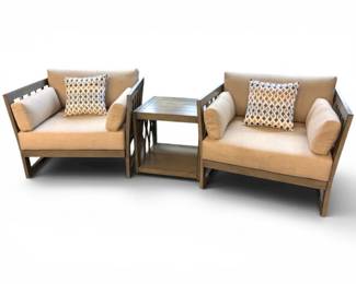 134 3PcOversizedWoodGrainAluminumChairSetwSunbrellaCushions