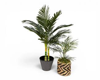 85 PairofFauxPalmTreesinDecorativeFlutedWovenPlanters