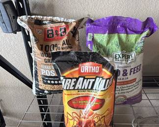 B&B Texas Style Post Oak Wood Pellets, Ortho Fire Ant Killer, and Expert Gardener Weed & Feed