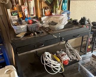 Black Metal Workbench with Assorted Tools and Hardware, including DeWalt and Hyper Tough brands