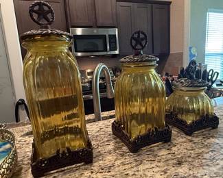 Set of 3 Amber Ribbed Glass Canisters with Western Star Lids by Artland