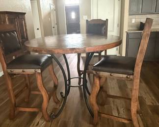 Hammered Copper Top Bar Height Dining Set with Leather Upholstered Chairs