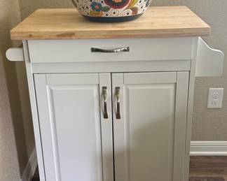 White Kitchen Cart with Butcher Block Top and Towel Bar