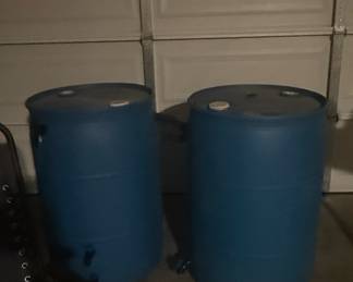 Pair of 55 Gallon Blue Plastic Water Barrels