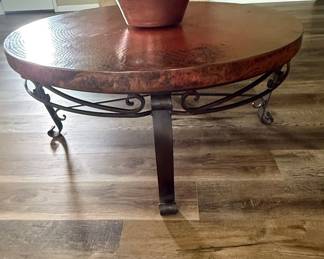 Hammered Copper Top Coffee Table with Scrolled Wrought Iron Base