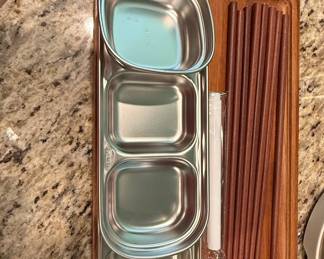 Stainless Steel Divided Serving Tray with Wooden Base and Chopsticks