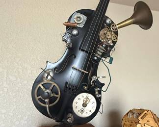 Steampunk Violin Sculpture with Clock and Horn by Lightning