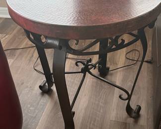 Hammered Copper Top Round End Table with Scrolled Wrought Iron Base