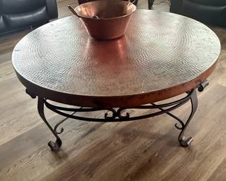 Hammered Copper Top Coffee Table with Scrolled Wrought Iron Base