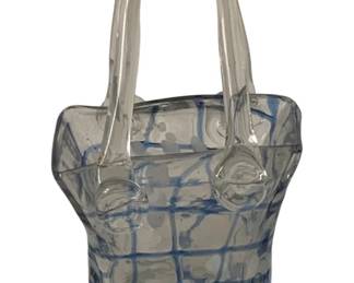 320 - Vintage Cobalt & White Blown Glass Handbag Vase (Description): 7 x 4 x 3
