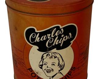 608 - Vintage Red Charles Chips Metal Tin - 10 x 8