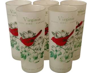709 - 5 Virginia State Bird Frosted Glasses - 6.5" tall