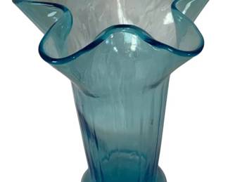 218 - Blue Art Glass Vase w/ ruffled top Rim (Description): 9.5" tall