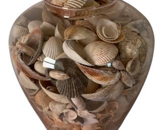 206 - Pink Glass Vase Full of Seashells - 12.5 x 10