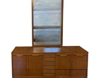 291 - Mid Century Walnut 9-drawer Dresser, Basic-Wirtz (Description): w/ mirror 64 x 18 x 84