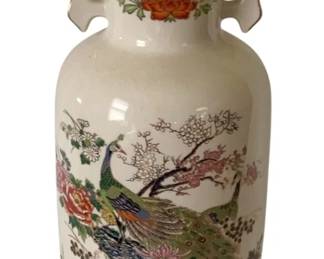 329 - Japanese Bijutsu Tokie Art Ceramic Peacock Vase (Description): w/ crackled glaze 12" tall