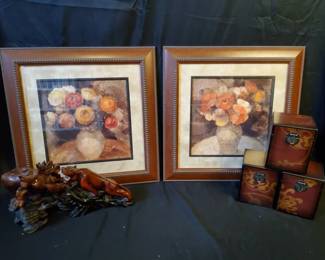 Home Decor Bundle Framed Floral Prints, Carved Tiger Bookends Storage Boxes