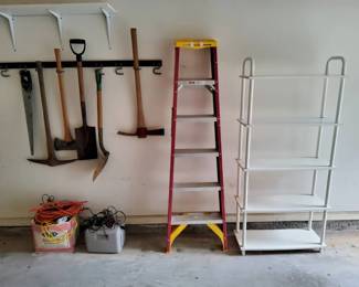 Garden Tool Workshop Lot Ladder, Shelving, and Hand Tools