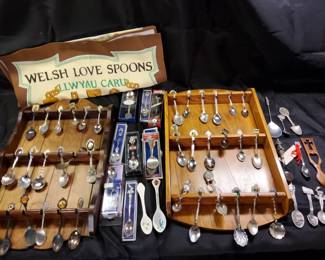 Souvenir Spoon Collection with Wooden Displays Welsh Tapestry