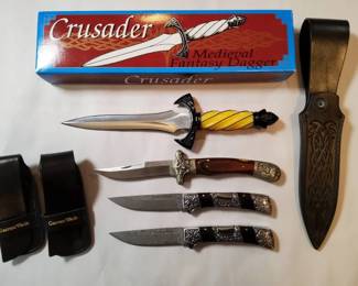 4pc Collectable Knife Lot Vintage United Cutlery Dagger, Wostenholm IXL , 2 Garrett Wade Lockbacks