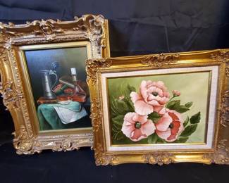 Still Life and Floral Paintings by K. Clark and Sharon in gold Frames