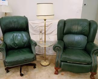 Green Leather Furniture Set with Integrated Brass Lamp Table