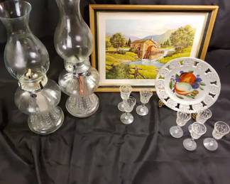 Hurricane Lamps, Framed Art, and Dessert Glassware