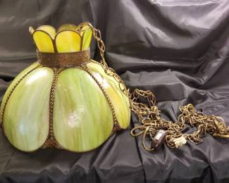Vintage Stained Glass Swag Lamp with Brass Accents