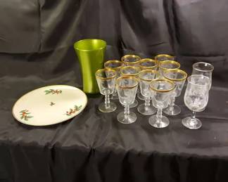 Holiday Entertaining Set Pickard China Etched Glassware Gold Rimmed Glasses