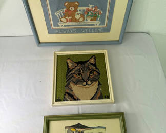 Lot 162: Three framed artworks: teddy bear cross-stitch, cat cross-stitch, and life-quote print