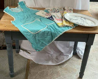 Lot 6: Rustic Farmhouse Table, vintage apron and kitchen towels, porcelain platter