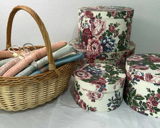 Lot 92: Wicker Basket with Fabric-Covered Hangers and Floral Round Boxes