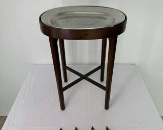 Lot 165: Unique small Table with Pewter top, Brass Curtain Stays