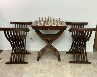 Lot 2: Vintage Renaissance Revival Savonarola Chess Set & Chairs