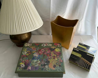 Lot 145: Lamp, decorative boxes, vase, and LED string lights