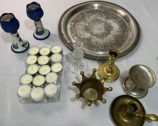 Lot 130: Silver Platter and Delft Blue Candlestick Holders