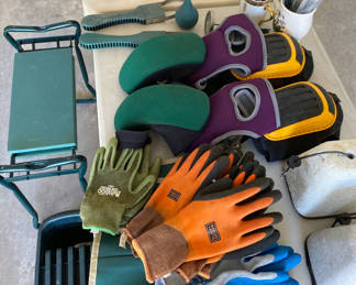 Lot 169: Gardening Tools, Gloves, Knee Pads and Benches