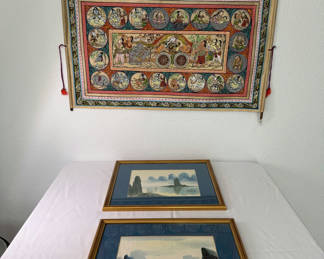 Lot 163: Antique Indian Tapestry, and twi Signed Chinese Watercolors