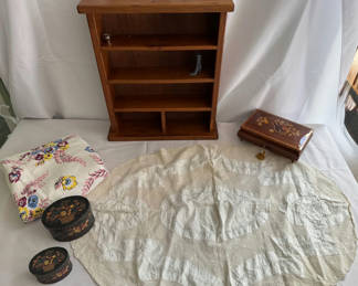 Lot 153: Charming Cottage Decor, Vintage Tablecloth, and Music Box Bundle