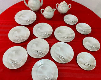 Lot 33: Vintage Japanese Kutani Eggshell Porcelain Tea & Dessert Set - Flying Cranes, 14-Pc