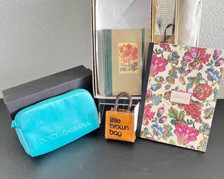 Great Gift Set- Dolce Gabbana Turquoise Pouch, Gucci Floral Notebook, Venetian Glass Pen Set, The Little Brown Bag