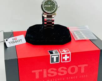  Men's Tissot 1853 Black Dial Swiss Made Wristwatch with Crystal Hour Markers in Silver-Tone